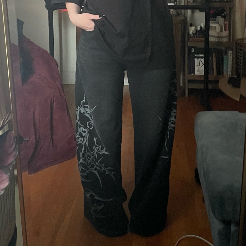 Minga London Black wide leg jeans with cyber sigilism graphic